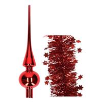 Decoris Kerstversiering glazen piek glans 26 cm en sterren folieslingers pakket rood van 3x stuks -