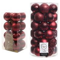 Decoris 53x stuks kunststof kerstballen donkerrood (oxblood) 4 en 6 cm glans/mat/glitter mix -