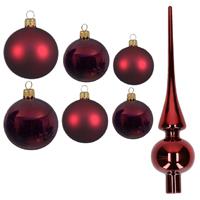 Decoris Groot pakket glazen kerstballen 50x donkerrood glans/mat 4-6-8 cm met piek glans -