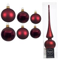 Decoris Groot pakket glazen kerstballen 50x donkerrood glans/mat 4-6-8 cm met piek mat -