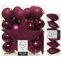Decoris Kerstversiering kunststof kerstballen met piek framboos roze 5-6-8 cm pakket van 39x stuks -