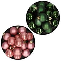 Decoris Kerstversiering kunststof kerstballen mix oud roze/ donkergroen 4 en 6 cm pakket van 80x stuks -