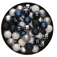 Bellatio 42x Stuks kunststof kerstballen mix wit/zilver/blauw 3 cm -