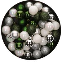 Bellatio 42x Stuks kunststof kerstballen mix wit/zilver/donkergroen 3 cm -