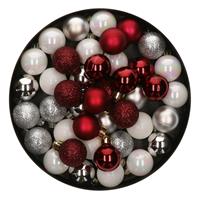 Bellatio 42x Stuks kunststof kerstballen mix wit/zilver/donkerrood 3 cm -