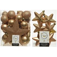 Decoris Kerstversiering kunststof kerstballen met piek camel bruin 5-6-8 cm pakket van 39x stuks -