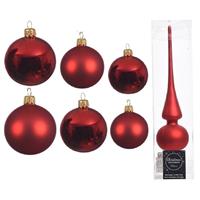 Decoris Groot pakket glazen kerstballen 50x kerstrood glans/mat 4-6-8 cm met piek mat -
