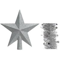 Decoris Kerstversiering kunststof glitter ster piek 19 cm en sterren slingers pakket zilver van 3x stuks -