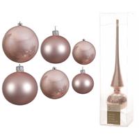 Decoris Groot pakket glazen kerstballen 50x lichtroze glans/mat 4-6-8 cm met piek glans -