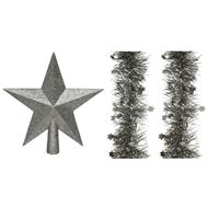 Decoris Set van een kerst ster piek en 2x stuks kerstslingers antraciet (warm grey) glitter 270 x 10 cm -