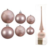 Decoris Groot pakket glazen kerstballen 50x lichtroze glans/mat 4-6-8 cm met piek mat -