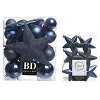 Decoris Kerstversiering kunststof kerstballen met piek donkerblauw 5-6-8 cm pakket van 39x stuks -