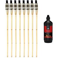 Esschert Design 8x stuks Bamboe tuinfakkels 90 cm inclusief 1 liter lampenolie/fakkelolie -