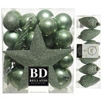 Decoris Kerstversiering kunststof kerstballen met piek salie groen 5-6-8 cm pakket van 39x stuks -