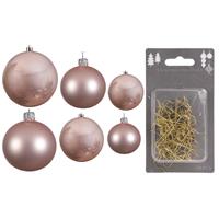 Decoris Groot pakket glazen kerstballen 50x lichtroze glans/mat 4-6-8 cm incl haakjes -