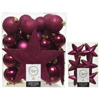 Decoris Kerstversiering kunststof kerstballen met piek framboos roze 5-6-8 cm pakket van 39x stuks -