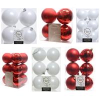Decoris Kerstversiering kunststof kerstballen mix rood/winter wit 6-8-10 cm pakket van 44x stuks -