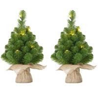 Mica Decorations 2x Mini kunst kerstboom met 10 LED lampjes 45 cm - Mini kerstboompjes