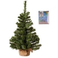 Decoris Volle kerstboom in jute zak 60 cm inclusief gekleurde kerstverlichting