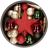 Bellatio Set van 33x stuks kunststof/plastic kerstballen met ster piek rood/groen/champagne - Onbreekbaar - Kerstversiering