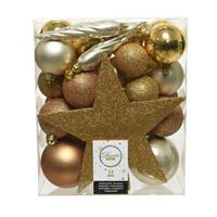 Decoris 33x stuks kunststof kerstballen cognag bruin amber inclusief ster piek - 5-6-8 cm - Onbreekbare plastic kerstballen