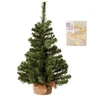 Decoris Volle kerstboom in jute zak 60 cm inclusief warm witte kerstverlichting
