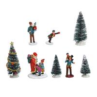 Bellatio 8x stuks kerstdorp accessoires figuurtjes/poppetjes en kerstboompje - Kerstdorp onderdelen kerstversiering