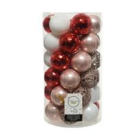 Decoris 37x stuks kunststof kerstballen lichtroze(blush)/rood/wit 6 cm - mat/glans/glitter - Onbreekbare plastic kerstballen