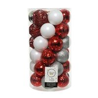 Decoris 37x stuks kunststof kerstballen zilver/rood/wit 6 cm - mat/glans/glitter - Onbreekbare plastic kerstballen