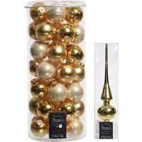 Decoris 49x stuks glazen kerstballen goud 6 cm inclusief gouden piek -