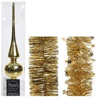 Decoris Kerstversiering glazen piek glans 26 cm en folieslingers pakket goud van 3x stuks -