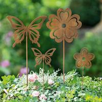 FRANK FLECHTWAREN Gartenstecker 'Blume & Schmetterling' 4er Set, 34-55 cm hoch, Deko-Blumensticker