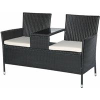 Outsunny Poly Rattan Lounge Gartenbank rattan mit Tisch Gartensofa Sitzbank 2-Sitzer Stahl Schwarz - schwarz