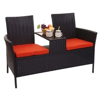 MCW Poly-Rattan Sitzbank mit Tisch -E24, Gartenbank Sitzgruppe Gartensofa, 132cm ~ schwarz, Kissen terrakotta