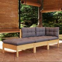 vidaXL Gartenlounge-Set 3-tlg. Garten-Lounge-Set mit Grauen Kissen Kiefer Massivholz, (1-tlg)