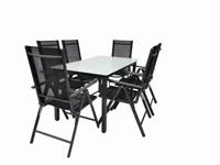 VCM Alu Sitzgruppe 140x80 Mattglas Gartenmöbel Gartengarnitur Tisch Stuhl Essgruppe Gartenset, inkl. 4 Stühle schwarz