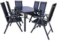 VCM Alu Sitzgruppe 140x80 Schwarzglas Gartenmöbel Gartengarnitur Tisch Stuhl Essgruppe Gartenset, inkl. 6 Stühle schwarz