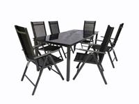VCM Alu Sitzgruppe 190x80 Schwarzglas Gartenmöbel Gartengarnitur Tisch Stuhl Essgruppe Gartenset, inkl. 6 Stühle schwarz
