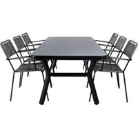 Hioshop Virya tuinmeubelset tafel 100x200cm en 6 stoel armleuningG Lindos zwart, grijs.