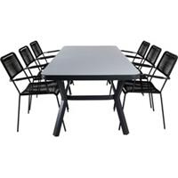 Hioshop Virya tuinmeubelset tafel 100x200cm en 6 stoel armleuningS Lindos Zwart