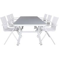 Hioshop Virya tuinmeubelset tafel 100x200cm en 6 stoel Alina wit, grijs.