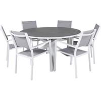 Hioshop Copacabana tuinmeubelset tafel Ø140cm en 6 stoel stapel Copacabana wit, grijs, crèmekleur.