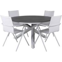 Hioshop Copacabana tuinmeubelset tafel Ø140cm en 4 stoel Alina wit, grijs, crèmekleur.