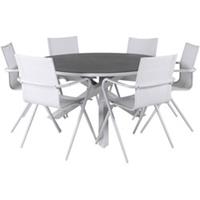 Hioshop Copacabana tuinmeubelset tafel Ø140cm en 6 stoel Alina wit, grijs, crèmekleur.