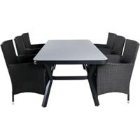 Hioshop Virya tuinmeubelset tafel 100x200cm en 6 stoel Malin zwart, grijs.