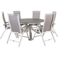 Hioshop Copacabana tuinmeubelset tafel Ø140cm en 6 stoel 5pos Albany wit, grijs, crèmekleur.