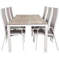 Hioshop Llama tuinmeubelset tafel 100x205cm en 6 stoel Copacabana wit, grijs, crèmekleur.