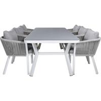 Hioshop Virya tuinmeubelset tafel 100x200cm en 6 stoel Virya wit, grijs.