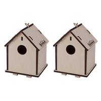 Set van 2x stuks 2-in-1 vogelhuisjes/nestkastjes van hout 14 x 19 cm DIY -
