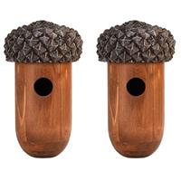 Decoris Set van 2x stuks houten vogelhuisjes/nesthuisjes eikel 25 cm -